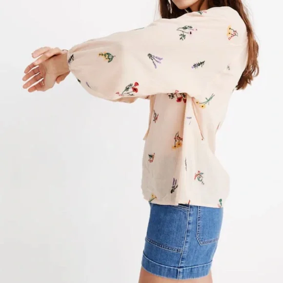 SALE! Madewell Botanical Embroidered Gauzy Cotton Tie-Neck Peasant Top Small - Picture 7 of 11